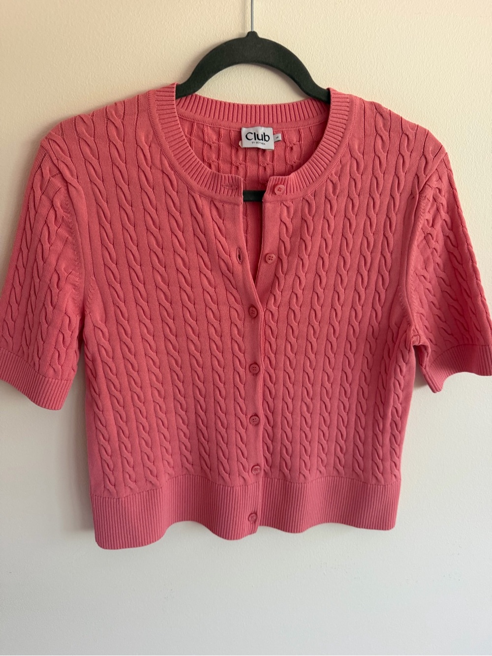 Cropped Cable Knit Short-Sleeve Cardigan in Pink